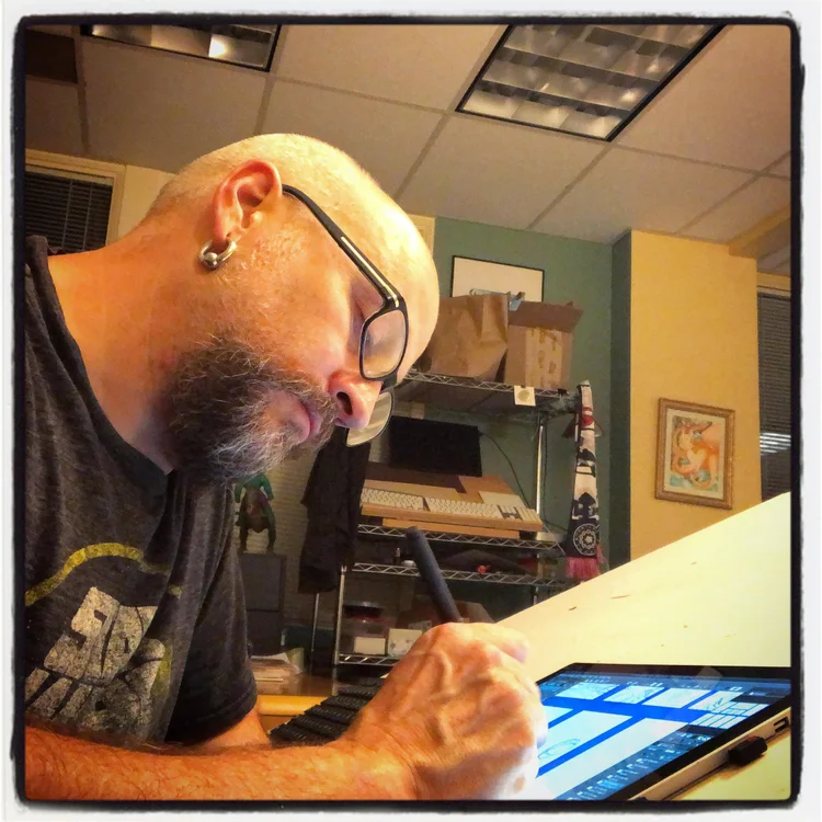 hopskotch SunDAY drawing at his desk