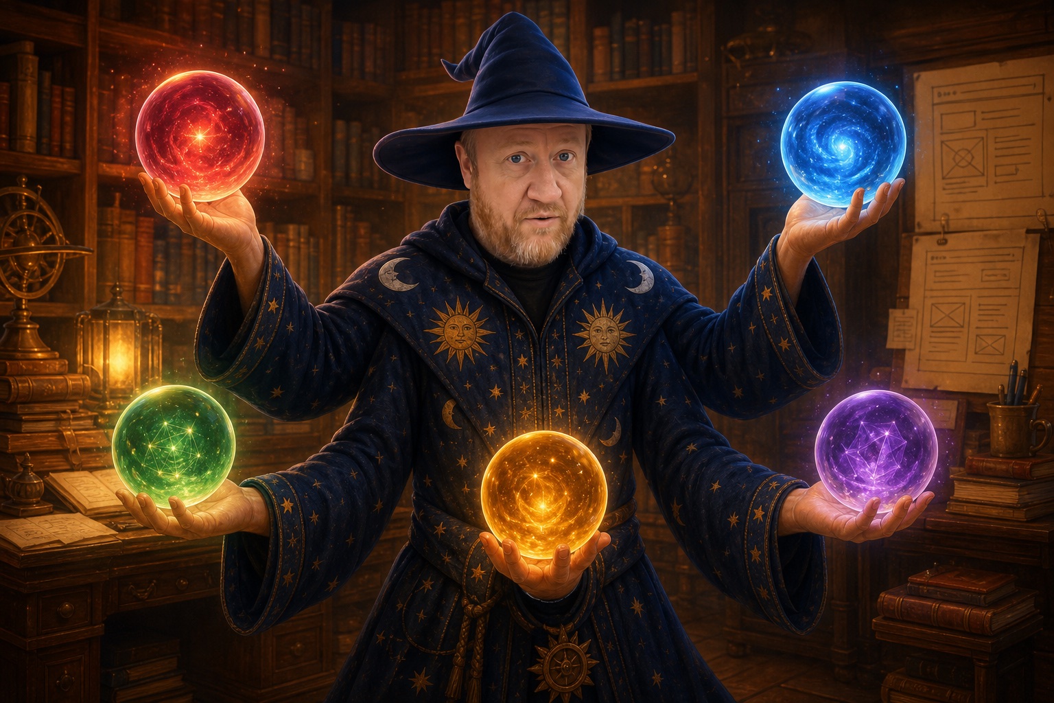 The Wizard presenting five glowing crystal balls in red, blue, green, purple, and gold