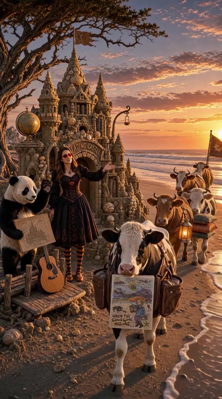 Ash in her pumpkin dress and striped stockings beside Panda, guitars, and book-carrying cows outside the Reading Castle at sunset