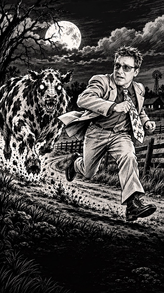 A glowing-eyed zombie cow gives chase under a full moon in Zombie Cow Tarot Chase