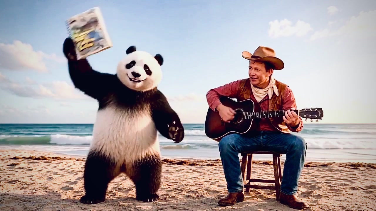 Cowboy playing guitar beside Panda