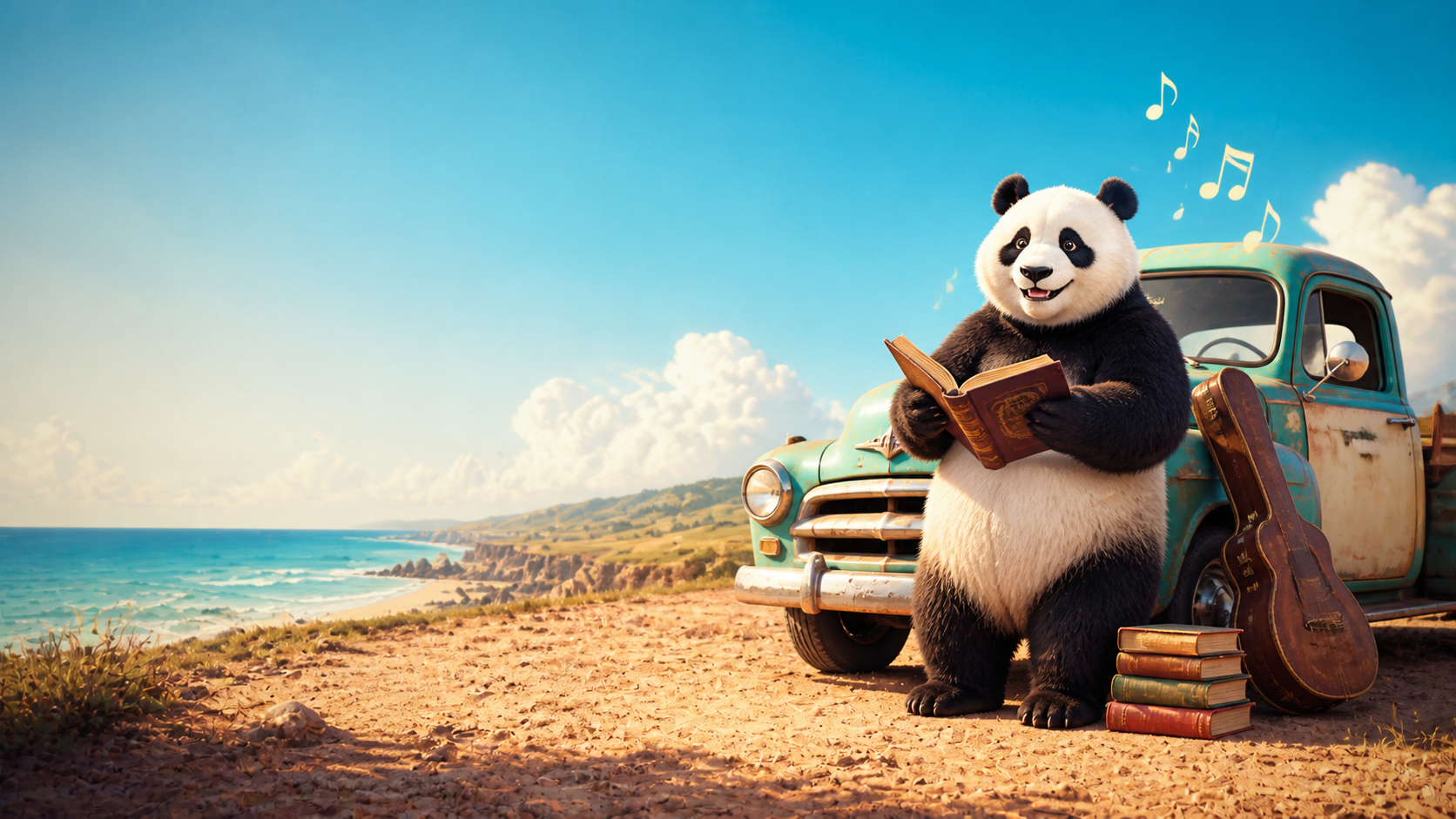 Panda reading beside a vintage truck on a sunny coastal road