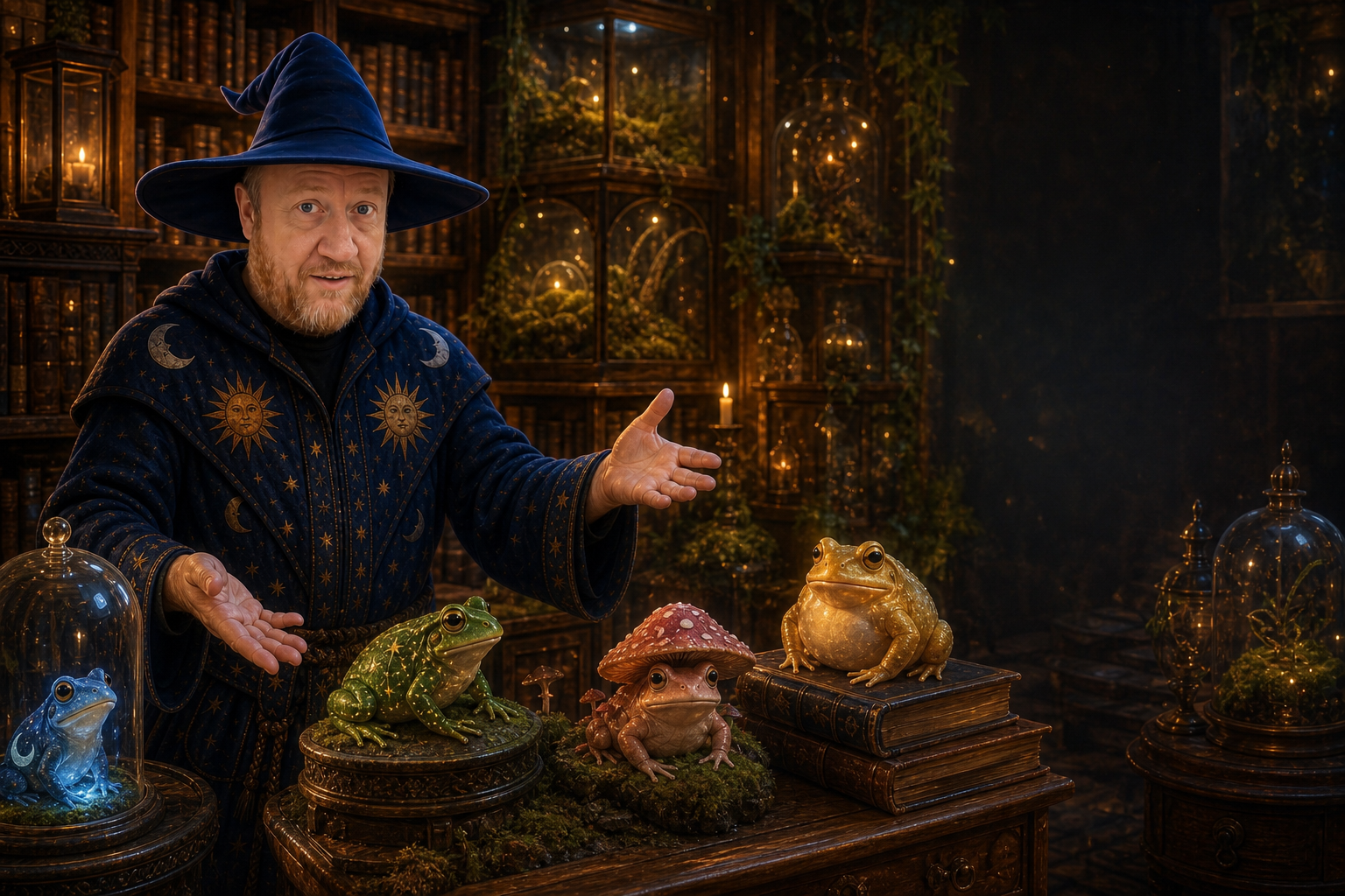 The Wizard presenting his glowing collection of magical frogs